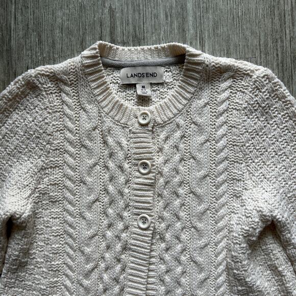 Lands’ End Cream Cable Knit Basketweave Button Down Cardigan Sweater Size Medium - Picture 2 of 8